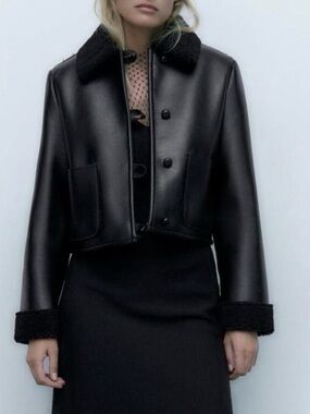 Zara Black Faux Leather Shearling Jacket